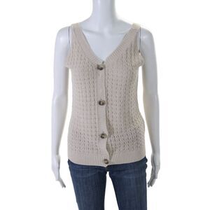 Knitss Womens Cotton Blend Knit V-Neck Sleeveless Button Up Top Beige Size S